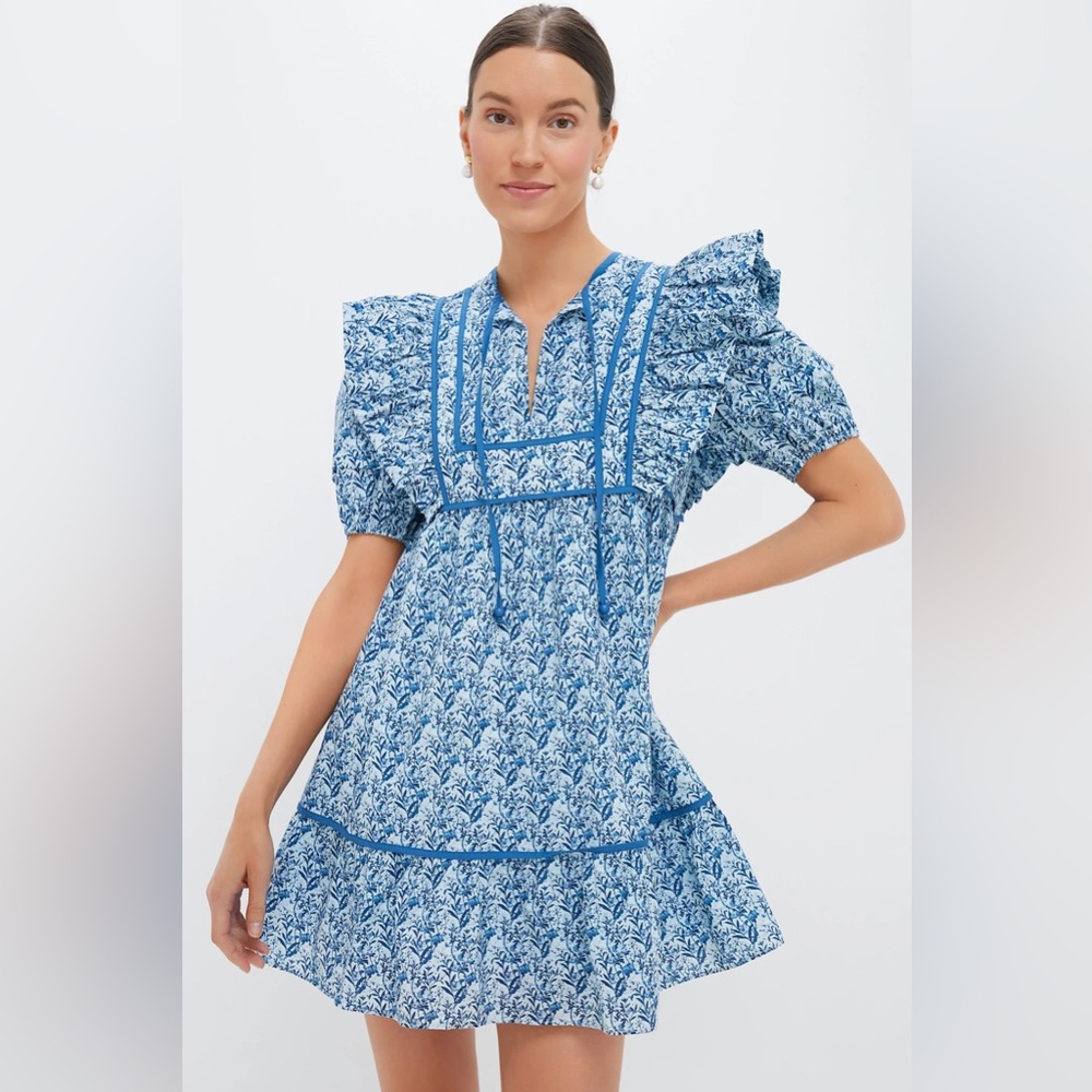 Blue Floral Mini Dress with Puff Sleeves
